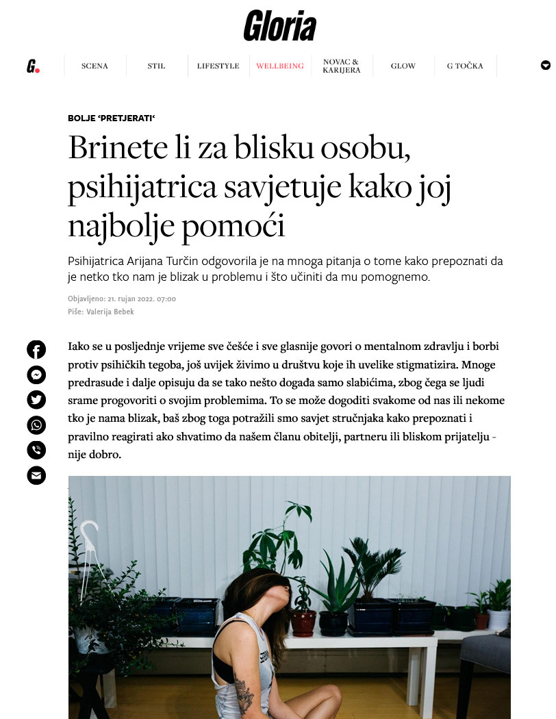Glorija: Dr sc Arijana Turčin - Brinete li za blisku osobu, psihijatrica savjetuje kako joj najbolje pomoći